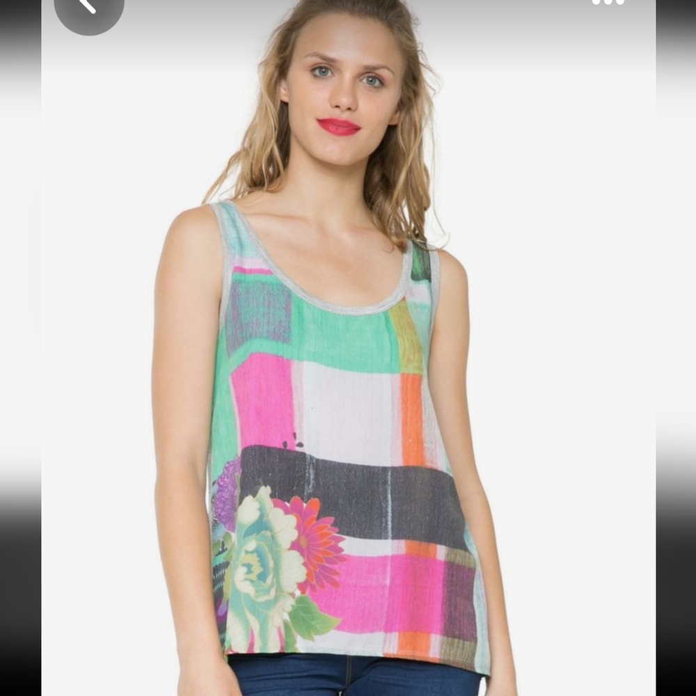 Desigual grey Pink Green Floral mixed media sleeveless top
